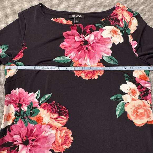 Roz & Ali Womens Black Floral Half Sleeve Dress Boat Neck Knee Length Size M - Picture 13 of 15